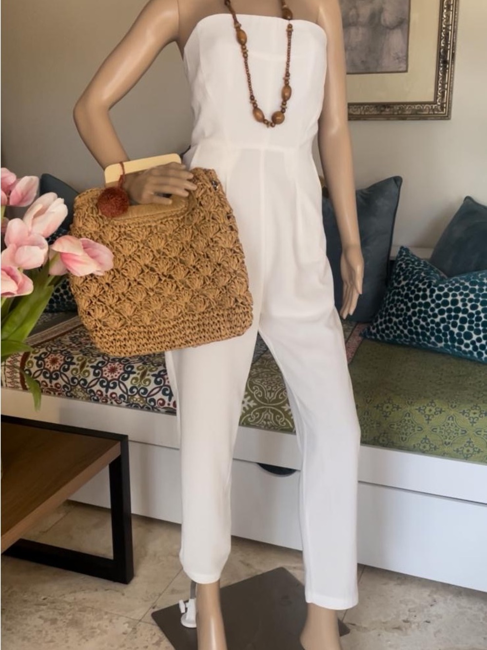The Hanger Strapless White Jumpsuit with Straight Leg